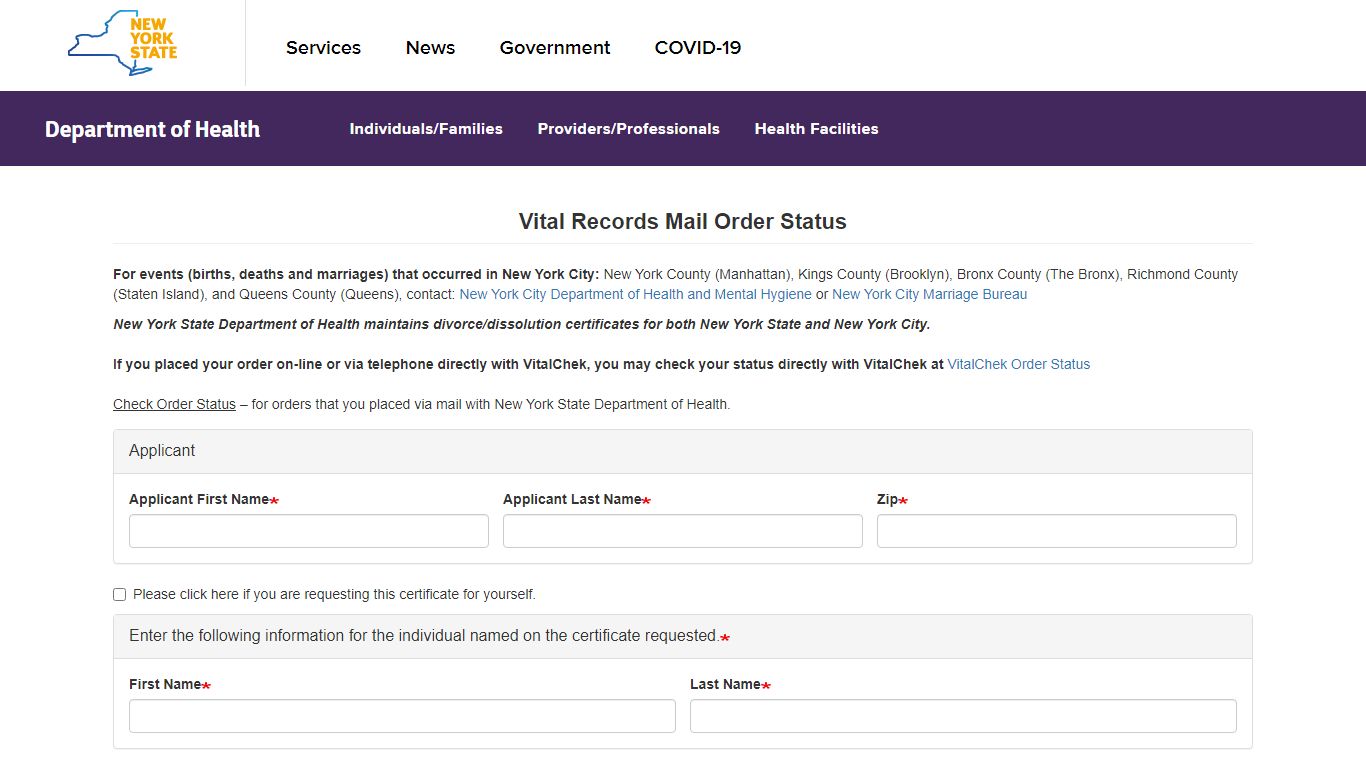 Vital Records Mail Order Status | Survey Builder - Government of New York